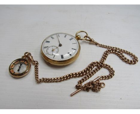 A 19th Century 18ct gold open faced pocket watch with Roman enamelled dial, fusee movement, hung on a 9ct gold chain with T-b