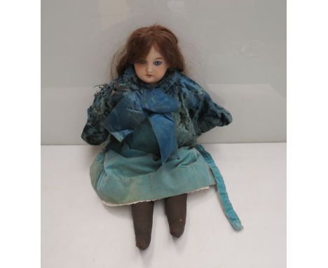 A 20" bisque headed doll in  blue dress with sleepy eyes, marked "3" to back of head 
