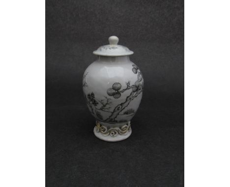 A Chinese Qianlong period (1736-95) grisaille tea caddy and cover, decorated with two bulls/buffaloes, restored, 12.5cm tall