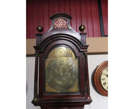 A George III mahogany longcase clock with fretwork pagoda hood, brass arch dial signed John Cowell, London, with Arabic chapt