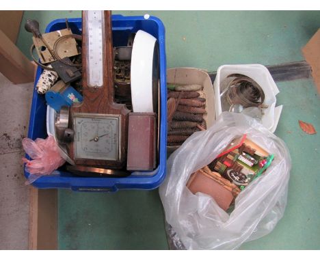 A box of mixed clock spares and parts including cuckoo