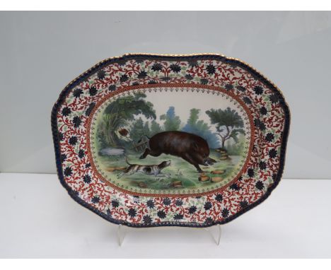 A rare late Copeland Spode meat platter depicting dogs hunting a wild boar, 53.5 x 41.5cm             