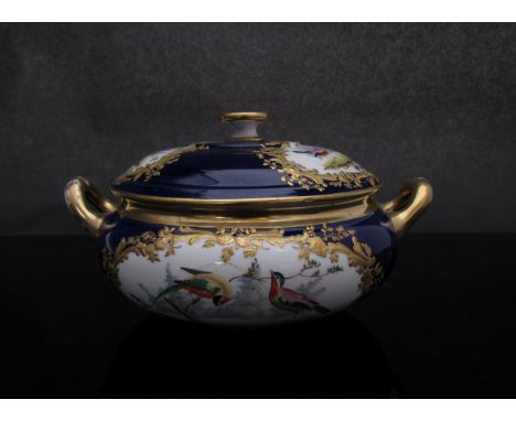 A Derby lidded sucrier, circa 1830 with panels of hand painted birds by Horation Steele (hairline crack to rim) 