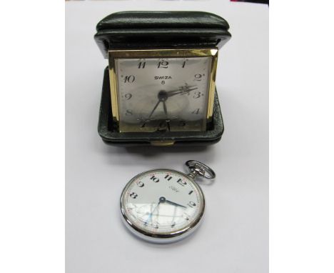 A boxed Swiza travel clock and a Pilot base metal pocket watch