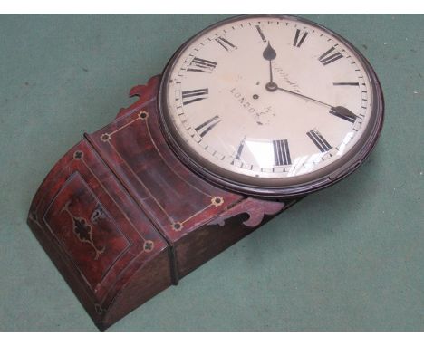 A 19th Century mahogany and brass inlaid drop dial wall clock with painted metal convex dial, with Roman numerals, indistinct