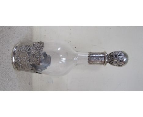 A William Moering glass decanter of small proportions with silver cased banding depicting figures in landscape, stopper chipp