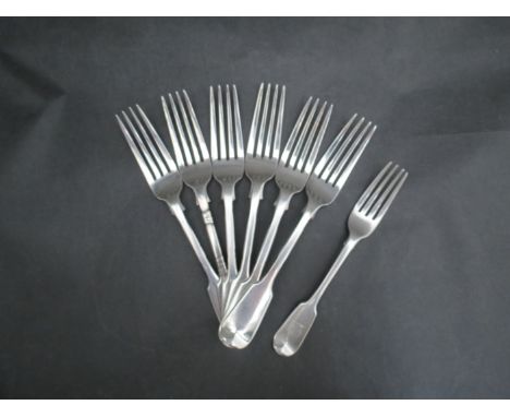 Six silver starter forks by Henry Holland, London 1856, all monogrammed "R" and a silver smaller fork by Henry Holland, Londo