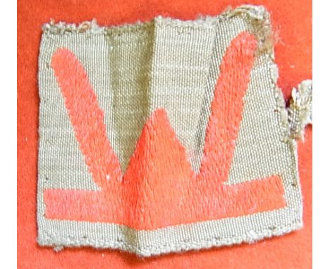 Formation sign Patch WWII 53rd (Welsh) infantry Division red 'W' and slag heap on khaki, machine woven drill cotton.