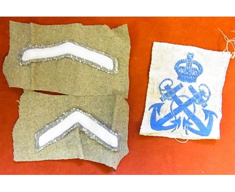 Sleeve patches Royal Navy leading rate KC machine woven in blue on white fabric. Rank patch Army lance Corporal