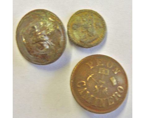Military buttons, interesting designs. One lead Charles II lead button, Napoleonic era military button and 'Peon Caminero' bu