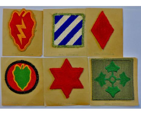 A set of six American Patches  U.S. Army Division cloth patches including: The 3rd, 4th, 5th, 6th, 24th and 25 Division. A ni