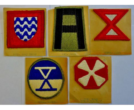A collection of five American Patches  Army Group and Corps cloth patches, includes the 1st Army, 10th Army, 10th Corps, 8th 