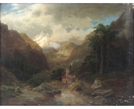 Otto Odebrecht (1833-1860) Alpental mit Wassermühle, alpine valley with watermill,Öl/Leinwand, u. links signiert Odebrecht, H
