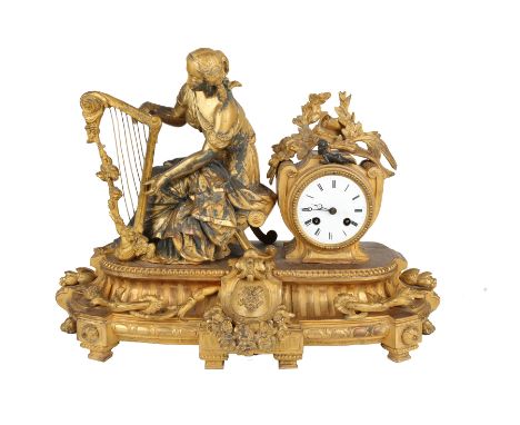 Kaminuhr mit Harfenspielerin, Frankreich 19. Jahrhundert, mantel clock with harpist, France 19th century, große Figurenpendul
