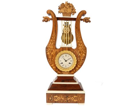Lyra-Pendule / Kaminuhr, Frankreich 19. Jahrhundert, french lyra mantel clock 19th century,Wurzelholz, Bronzelünette, Zifferb