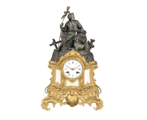 Figuren-Kaminuhr, Frankreich um 1900, french mantel clock ca. 1900,Figurenpendule mit Schäfer und Hund, H 43,5 x B 28 cm T 14