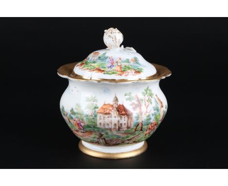 Meissen Prunk Deckeldose / Zuckerdose, porcelain sugar cup,Porzellan, blaue Schwertermarke 1.Wahl, Knaufmarke 1860 - 1924, De
