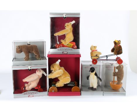 Steiff Konvolut von 6 Stofftieren, Museum-Collection, Steiff stuffed animals,alle mit Steiff-Knopf im Ohr und Verpackung, Mus