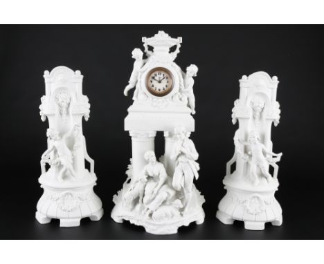Jugendstil Tischuhr mit Beisteller, art nouveau mantel clock,1. Hälfte 20. Jahrhundert, Keramikgehäuse, weiss, mechanisches U