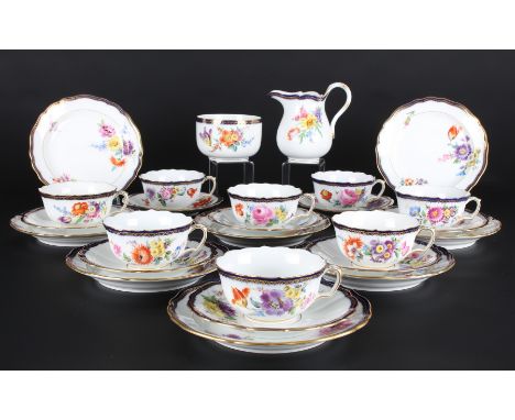 Meissen A-Kante 8 Teegedecke mit Milchkanne und Zuckerdose, tea cup set,Porzellan, blaue Schwertermarke 1.Wahl, Pfeifferzeit 