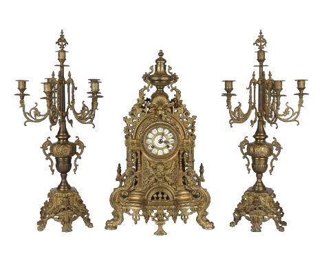 Bronze Kaminuhr mit Leuchterpaar, bronce mantel clock,Bronze Uhrgarnitur, Kaminuhr H 60 cm x B 37 cm, Leuchter H 67 x B 29 cm