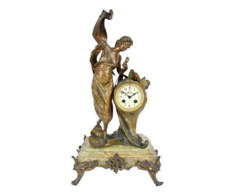 Jugendstil Figuren-Kaminuhr L'Aurore, Frankreich um 1900, art nouveau french mantel clock ca. 1900,Figurenpendule, H 80 x B 4