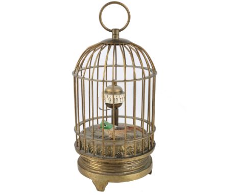 Vogelkäfig mit beweglichem Vogel als Tischuhr, birdcage mantel clock,Käfig aus Bronze, mechanisches Uhrwerk, 1. Hälfte 20. Ja