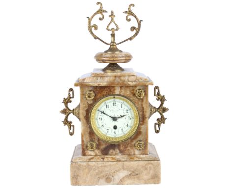 Kaminuhr, Frankreich um 1900, french mantel clock,Marmor, Messingappliken, gemarktes Messingwerk, Porzellanzifferblatt m. ara