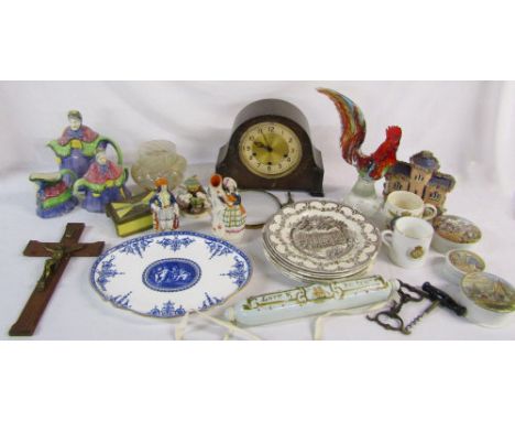 2 boxes of assorted ceramics inc Goebel and Wedgwood, Smiths mantle clock (af), glass rolling pin &amp; Murano chicken/rooste