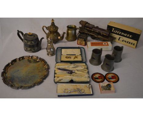 Mixed lot including a part built model steam locomotive, silver plate, costume jewellery, pewter tankards etc 