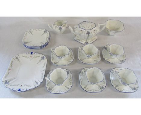 Shelley Art Deco 6 place 'Iris' pattern tea service consisting of teapot with stand, milk jug and sugar bowl, 6 plates, cake 