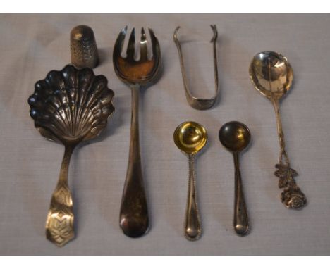 Mixed silver including thimble, condiment spoons, caddy spoon etc - total approx weight 2.42ozt