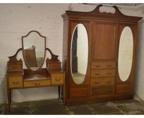 Late Victorian/Edwardian compendium wardrobe with scroll bracket pediment H230cm W194cm &amp; 2 oval mirror doors and matchin