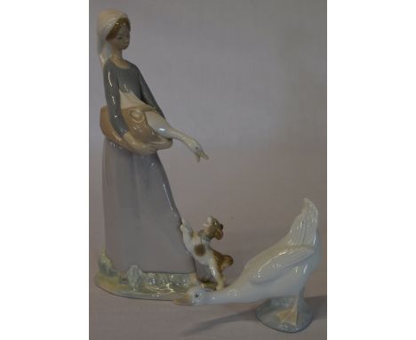 Lladro figure of a girl with goose &amp; dog (previously repaired) and a Nao figure of a goose 