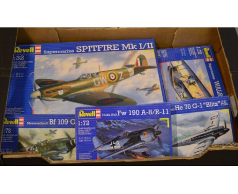 Revell model kits including 1:32 Supermarine Spitfire MK1/2, 1:72 Messerschmitt BF109, 1:72 Focke Wulf FW 190 A-8/R-11 etc 