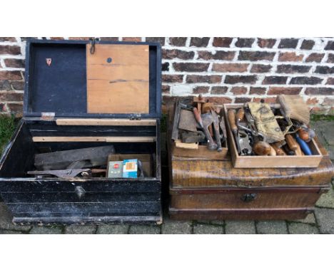 Joiner's chest and various tool and tin trunk.