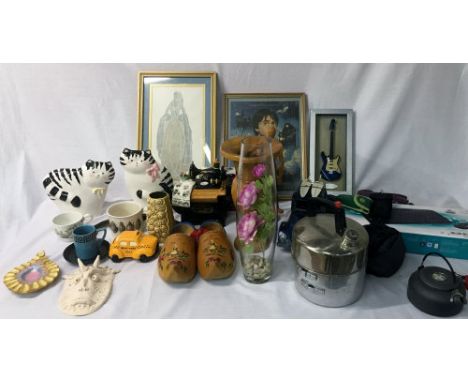 2 boxes containing camping equipment, ceramic cats, wireless keyboard, Harry Potter print etc and tapestry frame (not shown i
