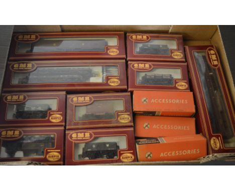 Approx 9 Airfix GMB Great Model Railways locomotives, carriages and wagons, and 3 boxes of Playcraft Railway accessories 