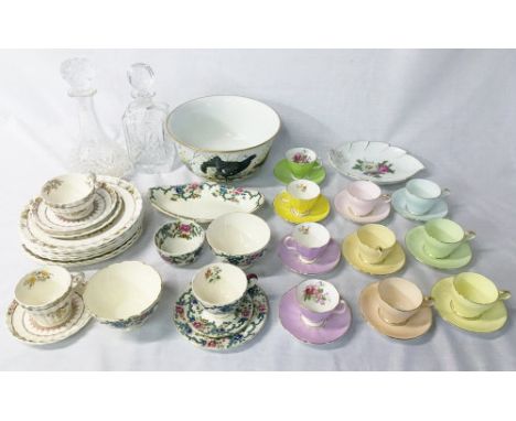 6 Aynsley coffee cups and saucers one with broken handle, floral Adderley coffee cups and saucers, Kaiser leaf dish, 2 glass 