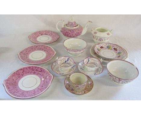 Selection of early Victorian lustre ware inc teapot, cups and saucers, side plates etc (af)