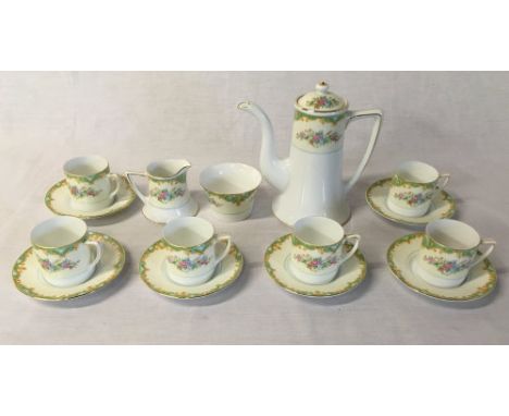 Noritake porcelain half coffee service comprising of 6 cups and saucers, cream jug, sugar bowl and coffee pot