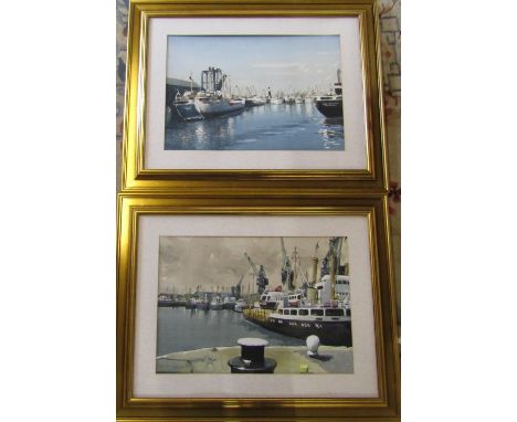 Pair of mixed media paintings of Boston docks by Charles Whitaker 74 cm x 59 cm (size including frame)