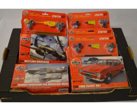 Airfix model kits / starter sets including Ford Escort MK1, Westland Whirlwind, Hawker Hurricane etc 