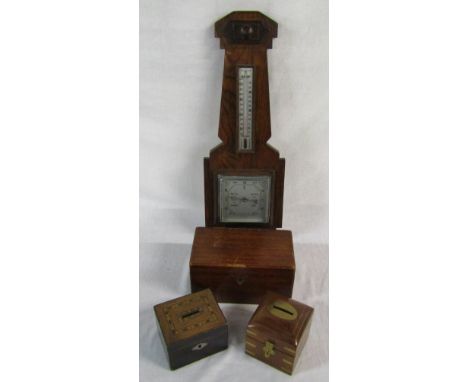 Wooden tea caddy, money boxes &amp; a barometer