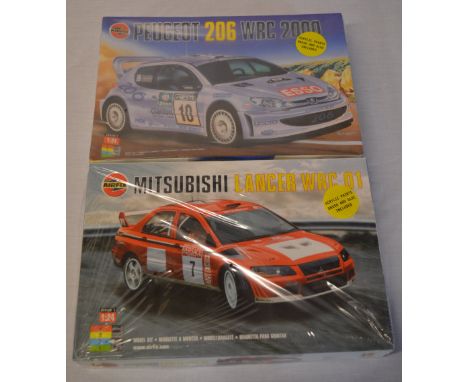 2 sealed Airfix 1:24 model kits including WRC Peugeot 206 and a WRC Mitsibishi Lancer 