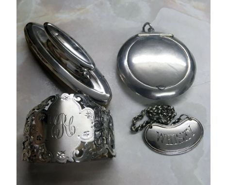 Silver compact Birmingham 1918, silver nail buffer Birmingham 1916, silver serviette ring with monogram ERC Sheffield 1896 &a