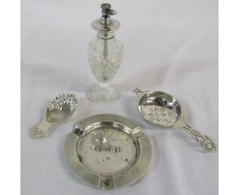 Various silver inc tea strainer Sheffield 1945, ashtray London 1944, caddy spoon Sheffield 1972 and glass perfume atomiser wi