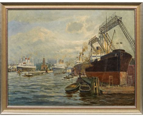 Gustav Burghardt (1890 Hamburg - 1970 ebenda)"Kaiserquai". OriginaltitelSchiffsdarstellung im Werftgelände mit Blick über den