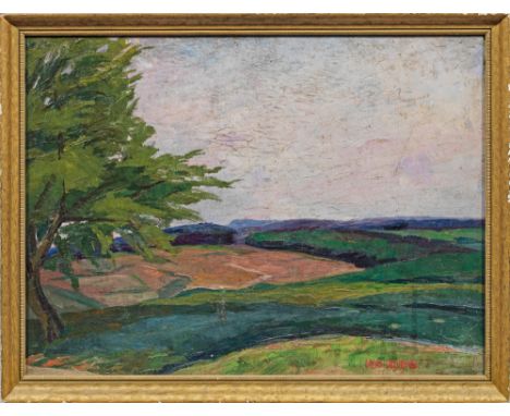 Udo Peters (1884 Hannover - 1964 Worpswede)Landschaft mit BaumLeicht hügelige, sommerliche Landschaft mit Weiden, Feldern und