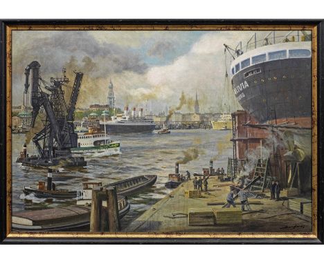 Gustav Burghardt (1890 Hamburg - 1970 ebenda)"Hamburger Hafen". OriginaltitelAnsicht aus dem Trockendock von Blohm &amp; Voss